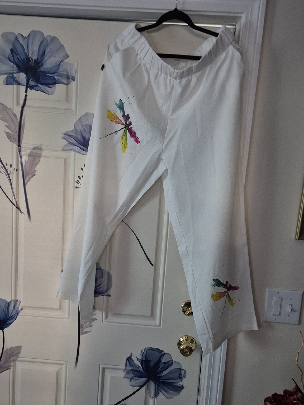 White Linen Pants with Colorful Dragonfly Prints Beautiful